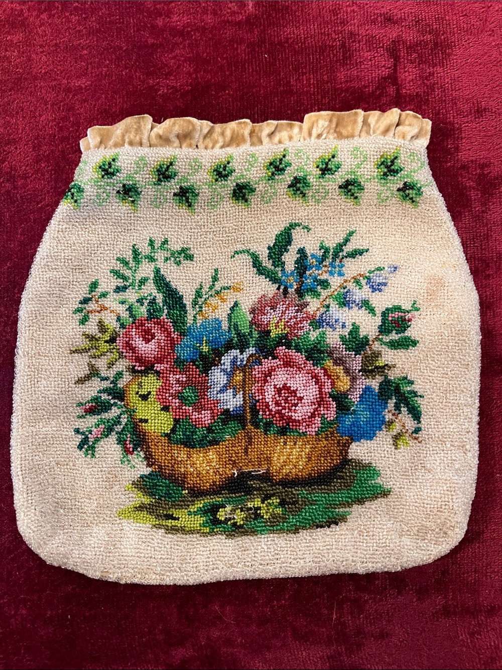 Vintage Beaded Drawstring Purse | Floral Basket Evening Bag